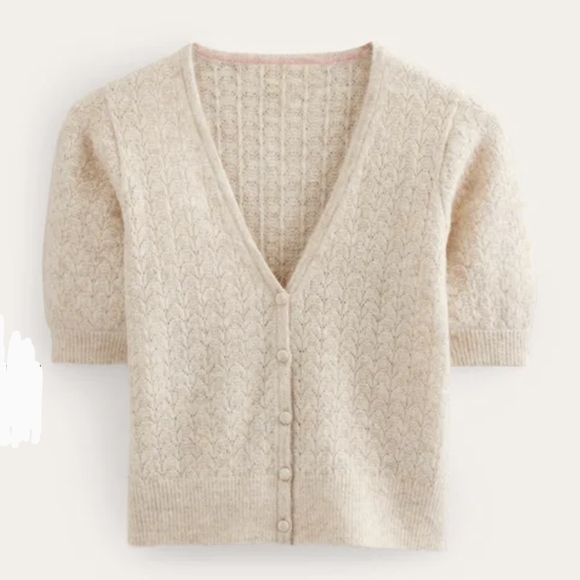 Boden Cardigan Pointelle Knit Button Front Short Sleeve Cropped Oatmeal M NWT - Picture 14 of 16